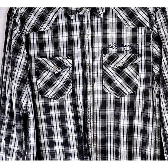 Ed Hardy Plaid Western Shirt Long Sleeve Mens Embroidered Snap Button L - Picture 2 of 16